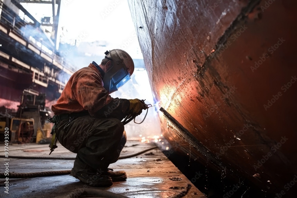 The welder is working on a vessel for shipbuilding, a construction site, a heavy industry, and generative AI The welder is working on a vessel for shipbuilding, a construction site, a heavy industry, and generative AI