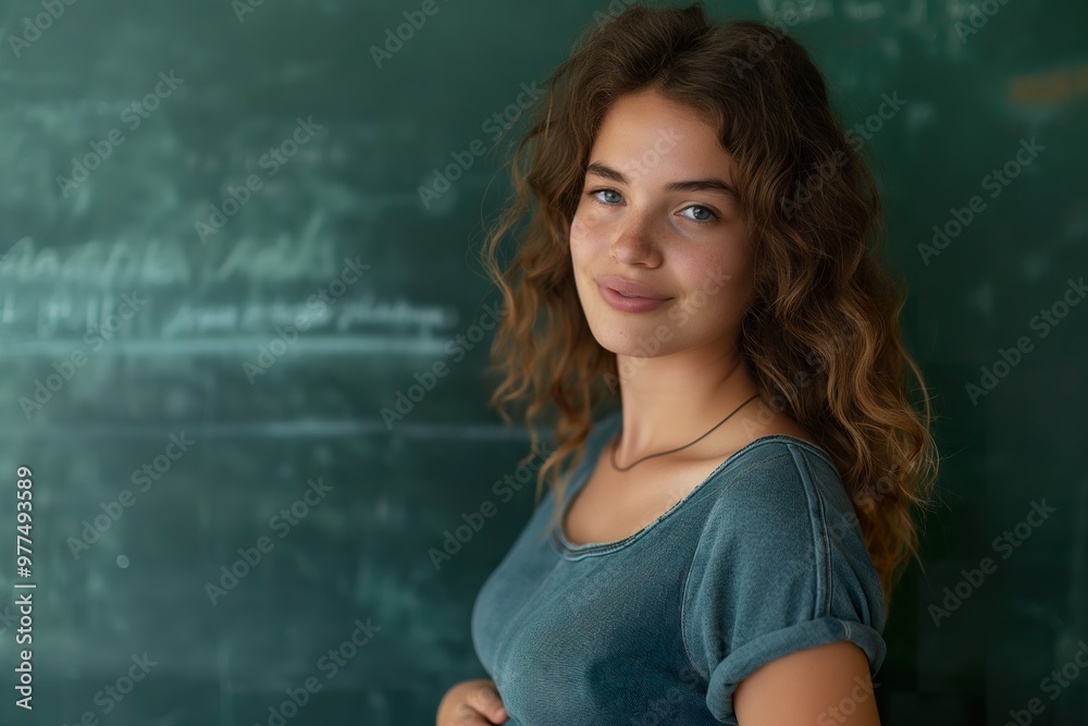A charming young girl with curly hair smiles warmly in a classroom filled with chalkboard messages during the golden hour A charming young girl with curly hair smiles warmly in a classroom filled with chalkboard messages during the golden hour