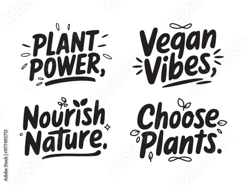 Set of Four Black-and-White Vegan-Themed Typography Designs with Nature-Inspired Motifs