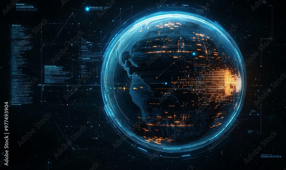 Obraz premium The concept of digital transformation includes the application of new technologies to business management, finance, and marketing, a platform, cyber security, stock markets, and cloud computing.