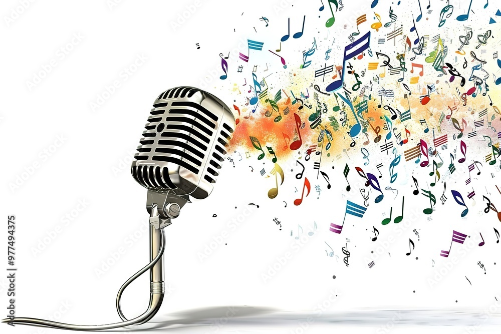 Fototapeta premium abstract music background realistic microphone wave notes blue background