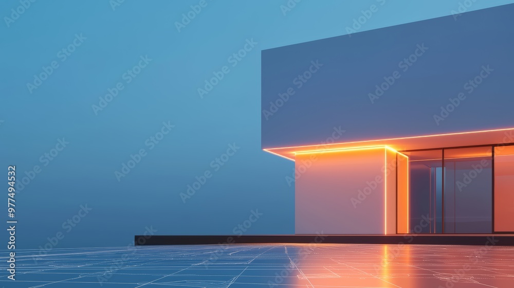 A luxury house with sleek glass panels, illuminated by glowing orange edges, set against a futuristic grid with intricate blueprint details beneath A luxury house with sleek glass panels, illuminated by glowing orange edges, set against a futuristic grid with intricate blueprint details beneath