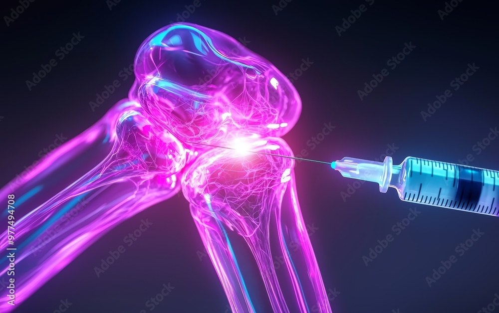 A medical infographic of a joint injection, with bright liquid glowing through the joint structure and showing the positive effects on mobility and pain reduction