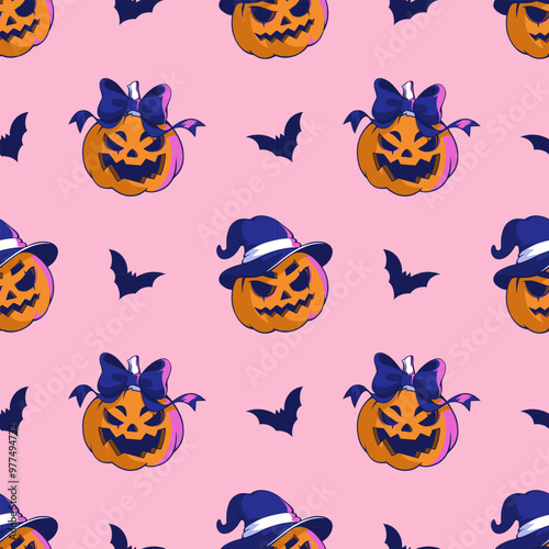 Seamless pattern with cute jack o lantern pumpkins monsters and bats. Bow on the head and witch hat. Festive background for Halloween. Repeat print for fabric, wrapping paper, textiles