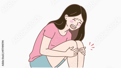 Accident woman pained hurt knee with anxiety and leg injury for accidents and physical recovery concept