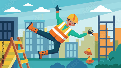 Engineer or construction worker accident at work falling from a ladder of safety, occupational hazards, and precaution on construction sites