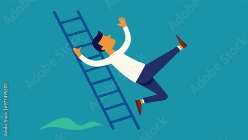 Businessman accident at work frightened while falling from a ladder of safety in an accident insurance concept