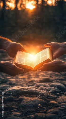 Bible being passed from one person to another, glowing light representing the sharing of faith