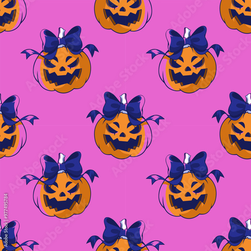 Seamless pattern with cute jack o lantern pumpkin monsters. Bow on head. Festive background for Halloween. Repeat print for fabric, wrapping paper, textile