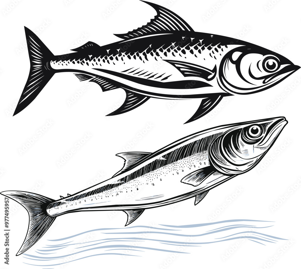 Fototapeta premium Vintage Sardine Fish Engraving Hand-Drawn Fishing Illustration