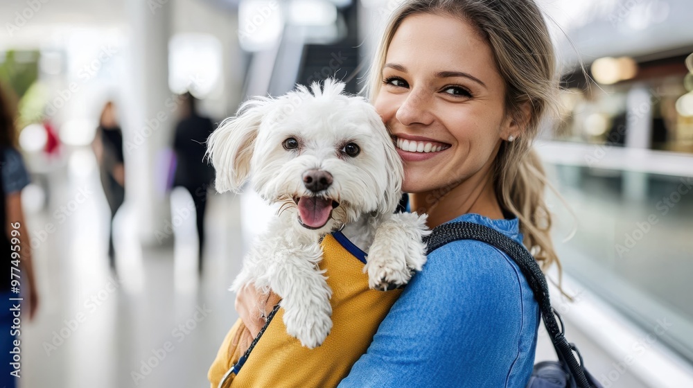A woman in a light blue outfit warmly smiles as she holds a fluffy white dog in a yellow carrier indoors, capturing a portrait of joy and companionship. A woman in a light blue outfit warmly smiles as she holds a fluffy white dog in a yellow carrier indoors, capturing a portrait of joy and companionship.