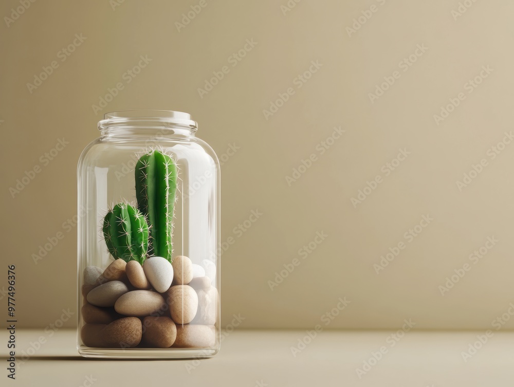 A decorative glass jar containing cacti and pebbles, perfect for home decor and nature-inspired aesthetics. A decorative glass jar containing cacti and pebbles, perfect for home decor and nature-inspired aesthetics.