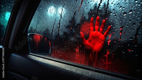 Bloody Handprint on Car Window in the Rain, Dark and Suspenseful Horror Scene