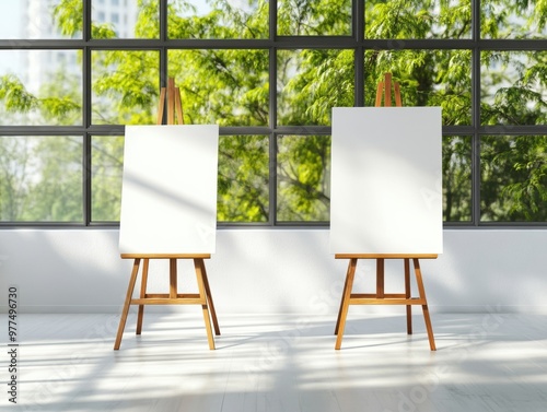 A minimalist art studio featuring two empty easels bathed in natural light from large windows with a green view.