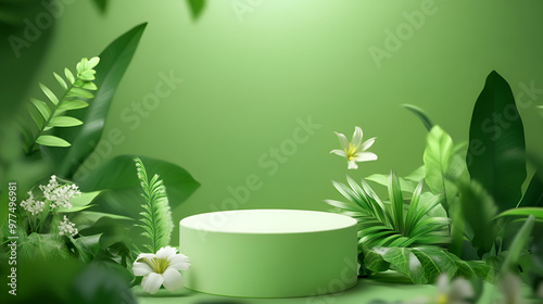 White product podium and tropical palm leaves shadow on green background,3D podium product display presentation features sandstone and plants for a minimalist,Cylinder podium for product demonstration