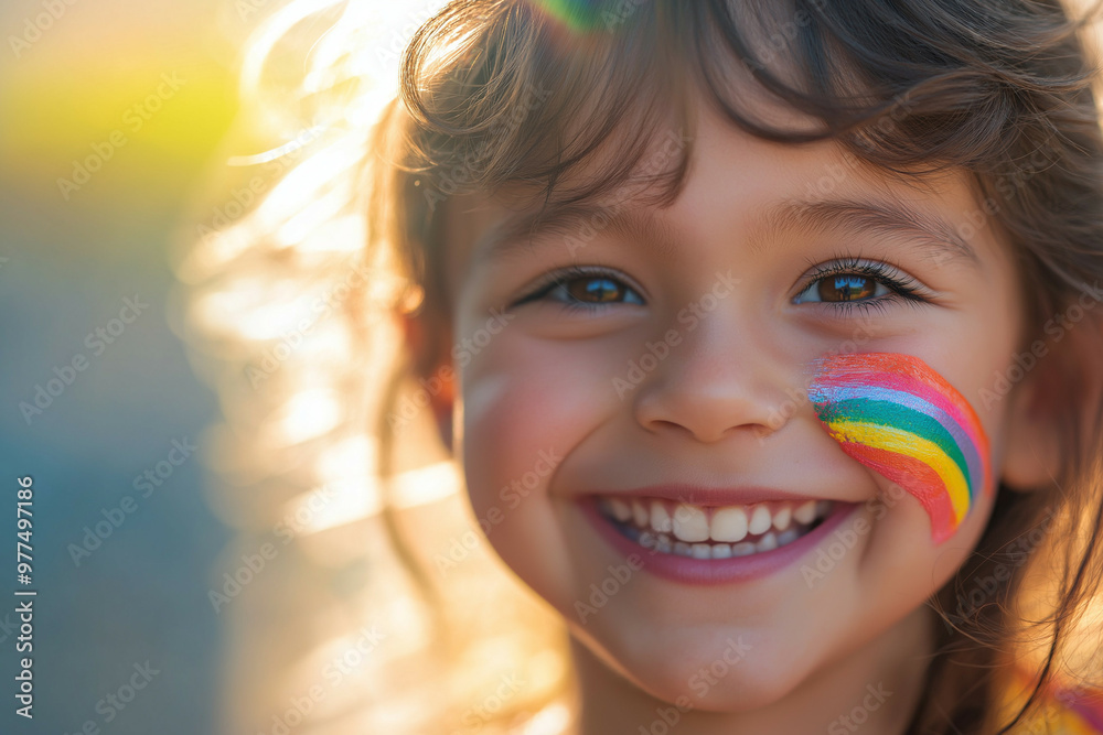 Close-up of a smiling child with brown eyes with a rainbow painted on his cheek Close-up of a smiling child with brown eyes with a rainbow painted on his cheek