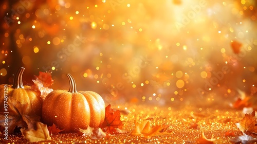 Autumn Background with Pumpkins and Golden Glitter