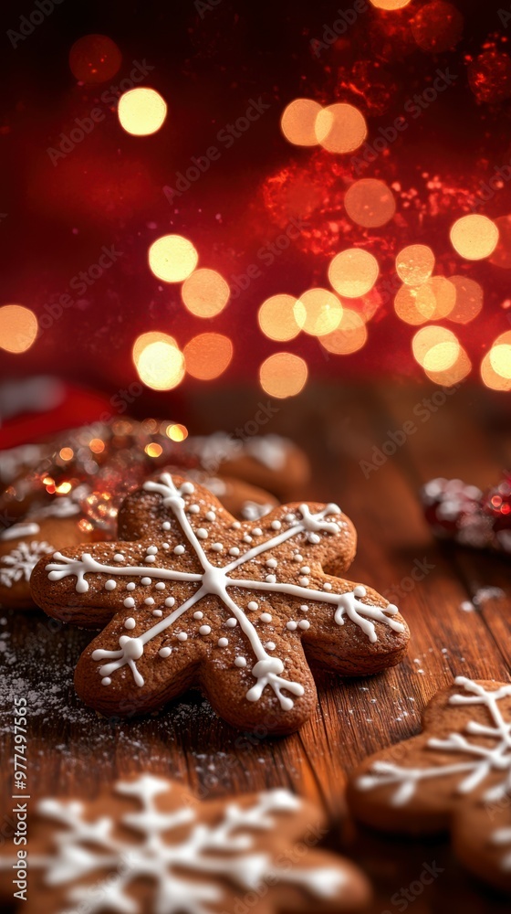 Fototapeta premium Gingerbread cookies with icing, arranged on a wooden table with a deep crimson background and glowing Christmas lights, copy space, Merry Christmas background, festive food display,
