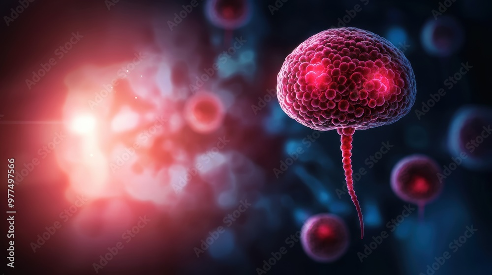 Naklejka premium A vivid illustration of cellular structure, showcasing intricate details of a cell with glowing elements against a dark background.