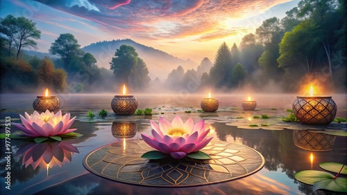 Serene misty dawn landscape with lotus flowers, candles, and sacred geometric patterns surrounding a peaceful meditation area, evoking mindfulness and inner harmony. photo