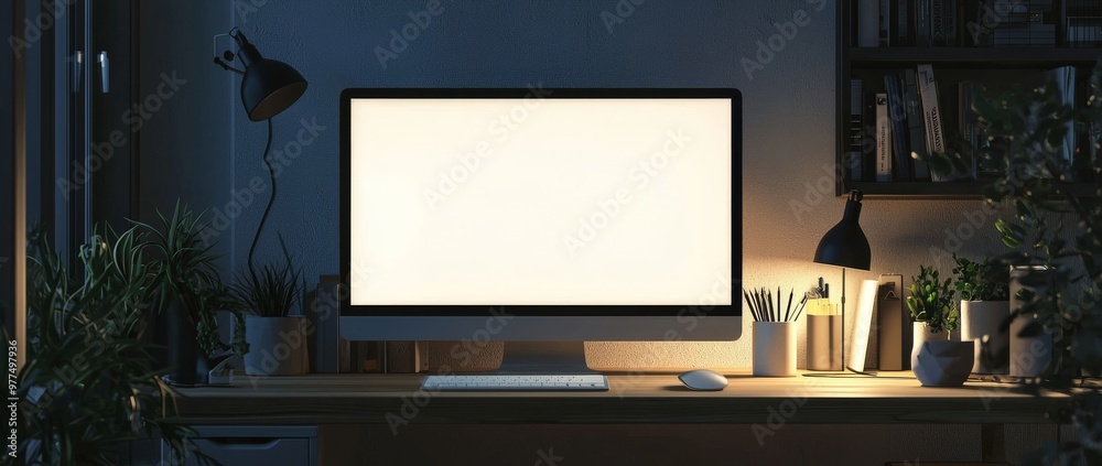 The space is cozy and stylish, with a computer mockup and wood decor on the desk.