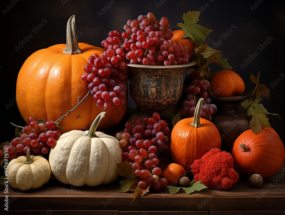 Autumn harvest arrangement featuring pumpkins, grapes, and colorful foliage in a rustic setting Autumn harvest arrangement featuring pumpkins, grapes, and colorful foliage in a rustic setting