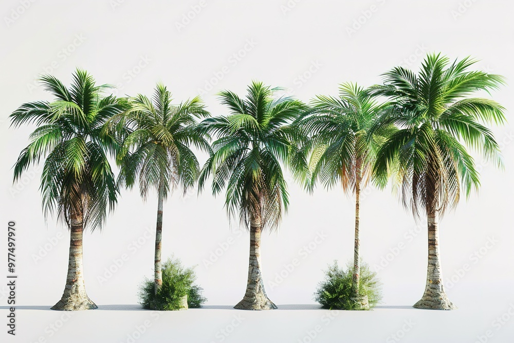Fototapeta premium Group of Coconut palm trees isolated on white background growing up on the beach