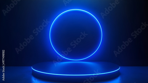 Stage or podium pedestal with blue neon round light product background, stand show cosmetic product, Blank Pedestal minimal concept template, Futuristic showcase for product presentation