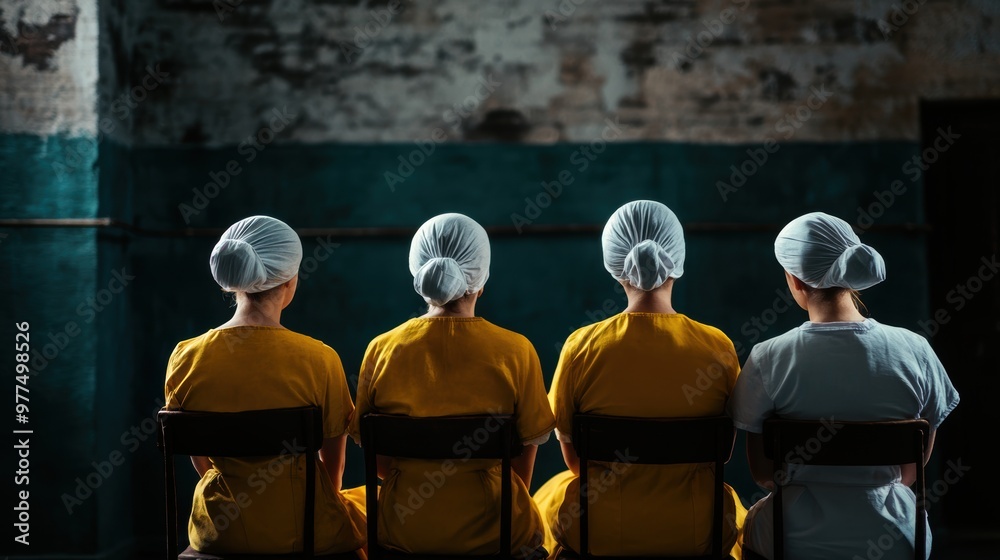 Four individuals in yellow and gray attire sit in a dimly lit room, facing a wall, creating a contemplative atmosphere. Four individuals in yellow and gray attire sit in a dimly lit room, facing a wall, creating a contemplative atmosphere.