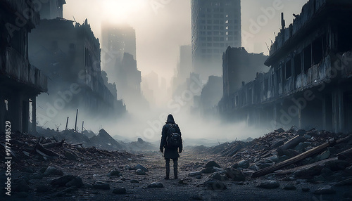 dystopian city shrouded mist lone survivor overlooking ruins photo