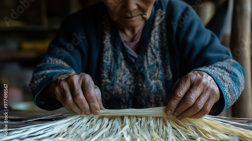 An elderly woman carefully weaves a piece of fabric in a rural home