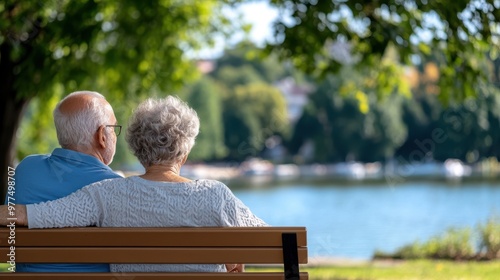 Fototapeta Naklejka Na Ścianę i Meble -  A senior couple sits together on a bench, gazing at a serene lake surrounded by lush greenery and trees, symbolizing love, companionship, and peaceful retirement.