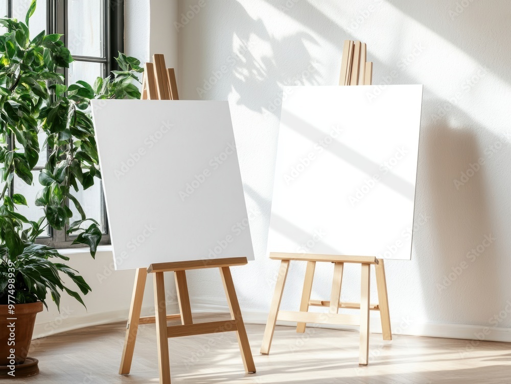 Two blank canvases on easels in a bright, sunlit room with greenery, perfect for artistic inspiration and creativity. Two blank canvases on easels in a bright, sunlit room with greenery, perfect for artistic inspiration and creativity.