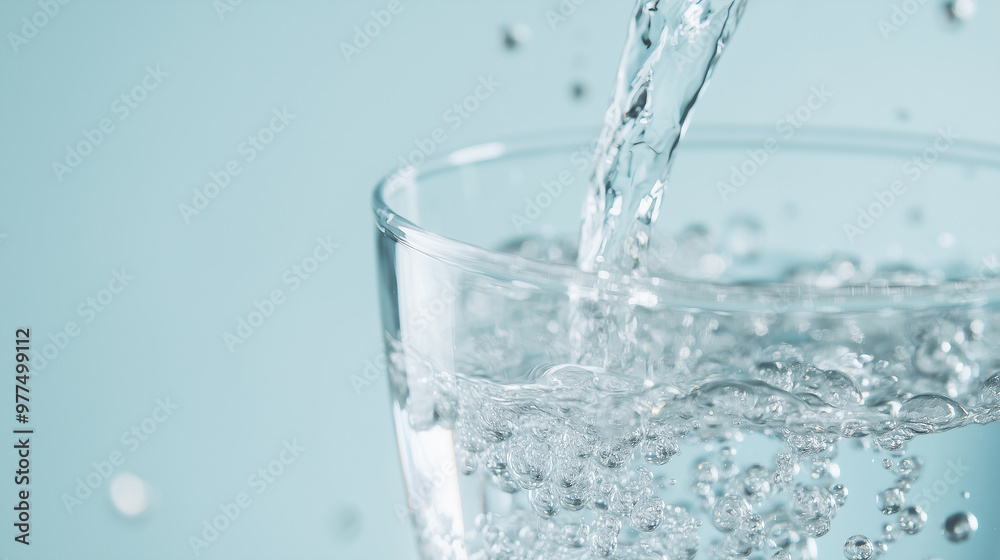 Close-Up of Water Being Poured into Glass with Light Blue Background Close-Up of Water Being Poured into Glass with Light Blue Background