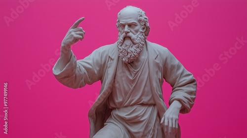 A white statue of a man with a long beard points his finger to the right in front of a pink wall