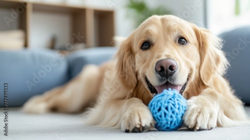 A playful Golden Retriever lying on a carpet inside a cozy home, joyfully engaging with a blue ball toy, with a soft and inviting background creating a warm atmosphere.