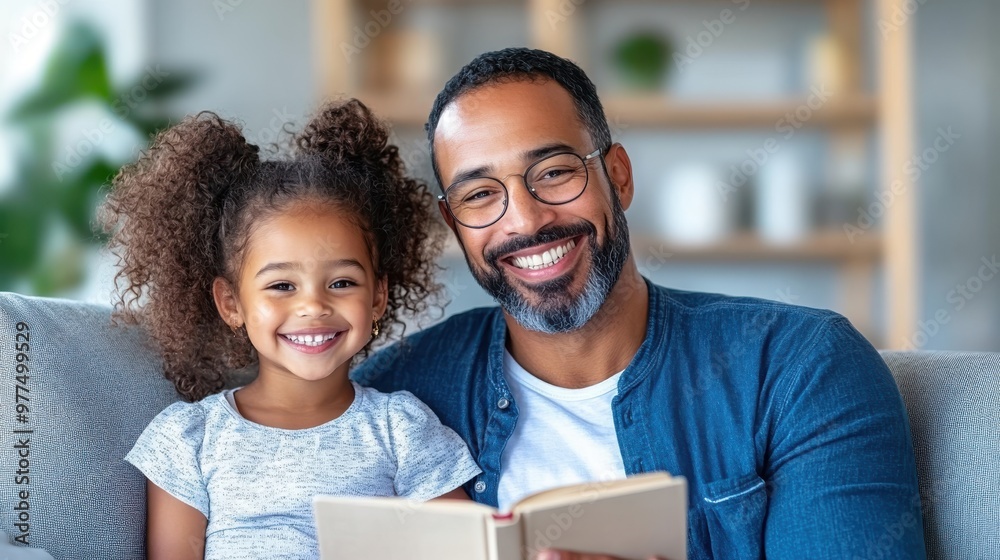 A father and daughter share a joyful moment, reading a book together on a sofa, depicting familial love and the joy of learning in a cozy setting. A father and daughter share a joyful moment, reading a book together on a sofa, depicting familial love and the joy of learning in a cozy setting.