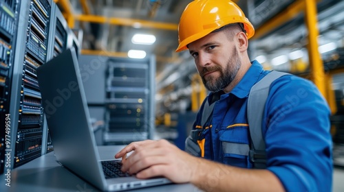 An engineer wearing a protective helmet works on a laptop in a server room environment, highlighting dedication and professionalism in a high-tech setting.