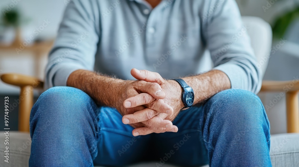 A contemplative man sitting with his hands clasped, reflecting in a cozy indoor setting, wearing a watch and casual attire, exuding a sense of contemplation and introspection. A contemplative man sitting with his hands clasped, reflecting in a cozy indoor setting, wearing a watch and casual attire, exuding a sense of contemplation and introspection.