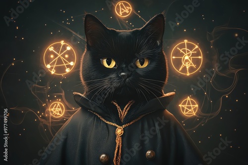 Black cat in a wizard s robe surrounded by glowing magical symbols, wizard cat, mysterious feline in costume photo