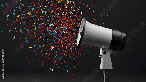 a megaphone with colorful confetti around, share good news concept