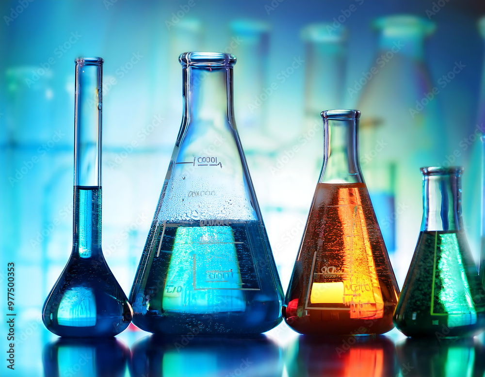 abstract photo colorful chemical reagents conical flasks abstract photo colorful chemical reagents conical flasks