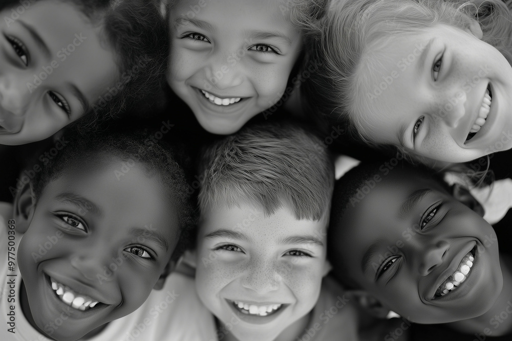 Black and white portrait of a diverse group of smiling children with their heads together, representing unity, friendship, and joy, celebrating World Children's Day on November 20 Black and white portrait of a diverse group of smiling children with their heads together, representing unity, friendship, and joy, celebrating World Children's Day on November 20