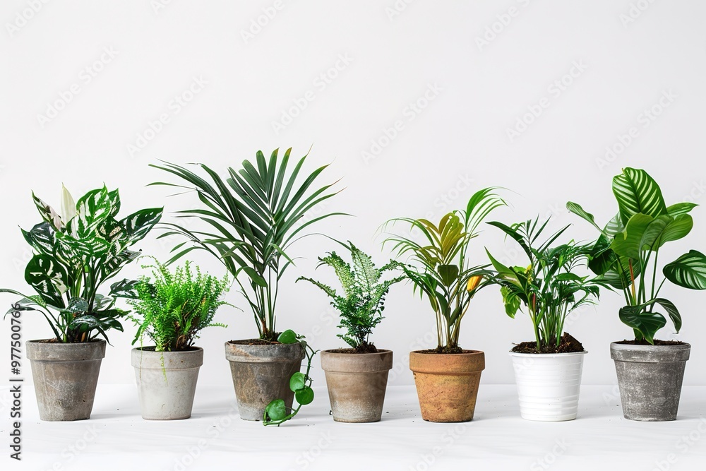Collection of various houseplants displayed in ceramic pots with transparent background. Potted exotic house plants on white shelf against white wall. Home garden banner Collection of various houseplants displayed in ceramic pots with transparent background. Potted exotic house plants on white shelf against white wall. Home garden banner