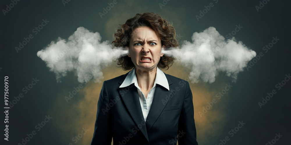 Business Woman with Smoke Steam Shooting Out of Ears, Work Place Frustration, Anger Face Expression, Suit and Tie Business Woman with Smoke Steam Shooting Out of Ears, Work Place Frustration, Anger Face Expression, Suit and Tie