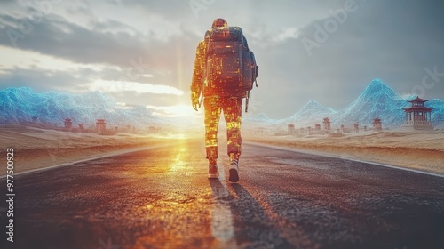 Digital Nomad Walking Towards The Future On A Road Through A Surreal Desert Landscape