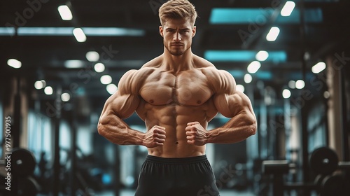 powerful image of a muscular man flexing in a gym, capturing the focus and intensity of a fitness enthusiast dedicated to physical performance