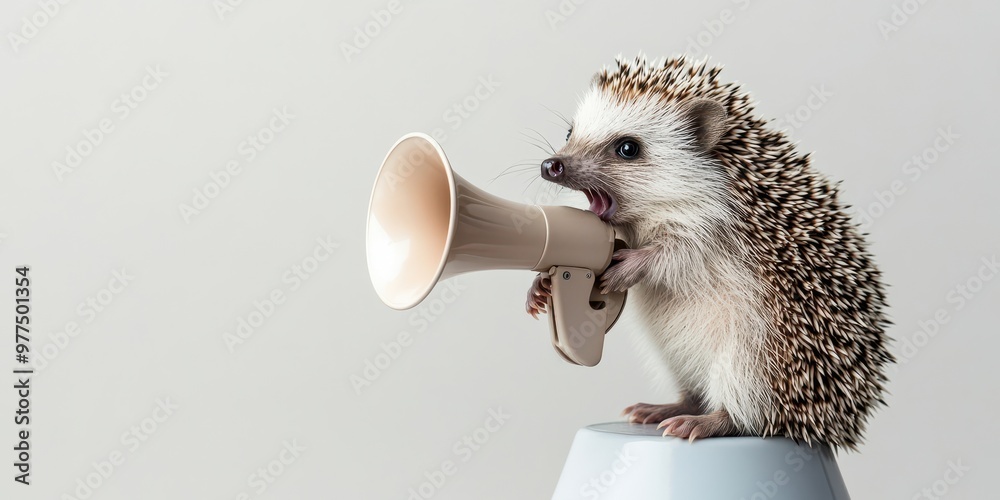 Fototapeta premium Tiny Hedgehog Making a Big Announcement - Cute hedgehog standing on a megaphone against light gray backdrop.