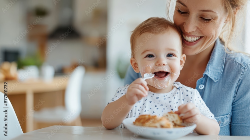 A cheerful baby enjoys breakfast in a high chair while the mother lovingly engages with laughter, capturing the joy and bond during this playful mealtime. A cheerful baby enjoys breakfast in a high chair while the mother lovingly engages with laughter, capturing the joy and bond during this playful mealtime.