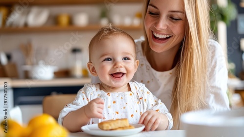 A joyful baby in a high chair and mother share a happy mealtime, the mother lovingly smiling at her baby as they enjoy the togetherness of family dining.